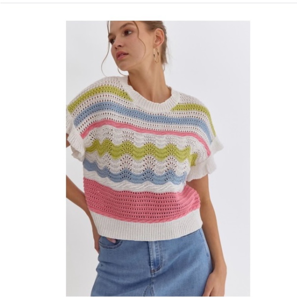 Entro Women’s Open Knit Pastel Striped Cropped Sweater